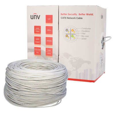 Cabo de rede CAT6 branco e caixa com especificações