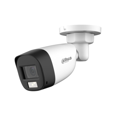 Câmara de vigilância Dahua branca e preta com suporte de montagem branco