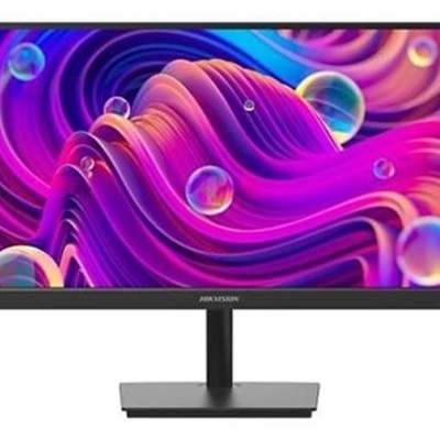 Monitor preto com ecrã colorido roxo e azul e texto HIKVISION