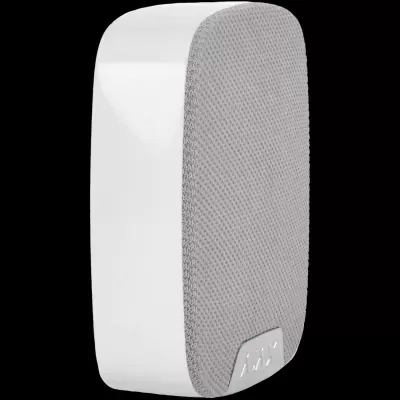 Coluna de som portátil branca e cinza com logótipo AXY
