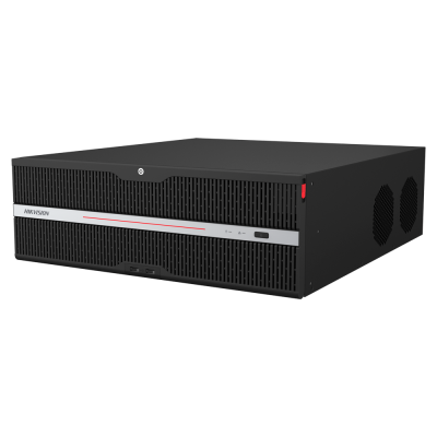 Equipamento eletrônico preto com painel frontal ventilado e faixa cinza médio com texto HIKVISION