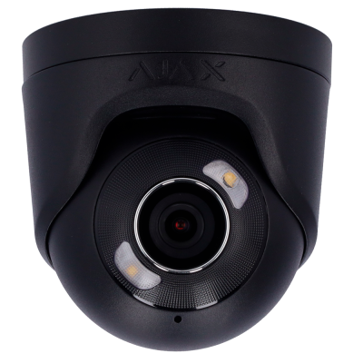 Câmara de segurança preta da marca AJAX com lente e luzes LED