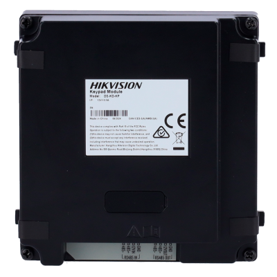 Módulo de teclado Hikvision preto com etiqueta branca e texto de certificação
