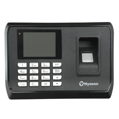 Dispositivo biométrico de controlo de acesso Hysoon preto com ecrã e teclado