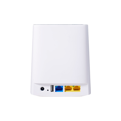 Roteador branco com portas Ethernet coloridas e conexões na parte traseira