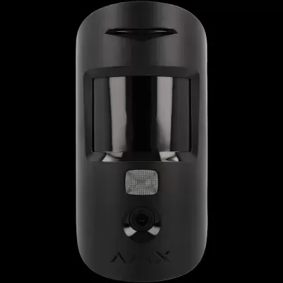 Detetor de movimento preto AJAX com lente escura e orifício de câmera.