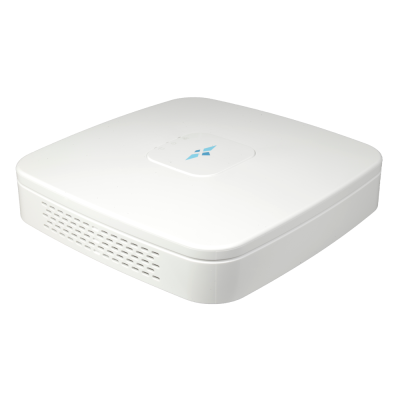 Aparelho eletrónico branco quadrado com logótipo azul e cinzento no centro