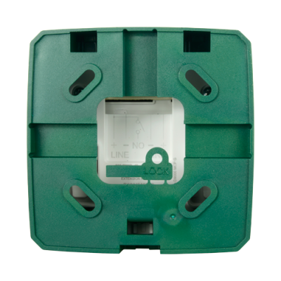 Parte traseira verde de dispositivo eléctrico com instruções e marcações