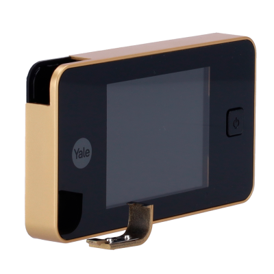 Visor digital dourado e preto de fechadura eletrónica Yale com botão power e suporte metálico