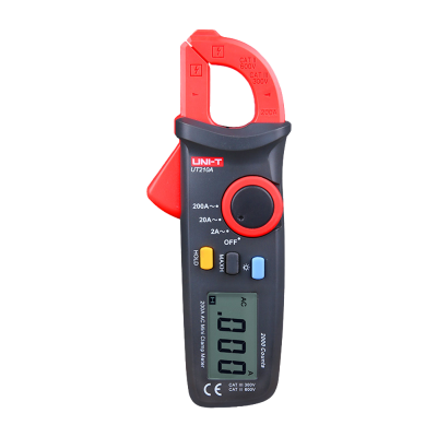 Medidor de pinça digital preto e vermelho UNI-T UT210A com ecrã LCD e botões coloridos