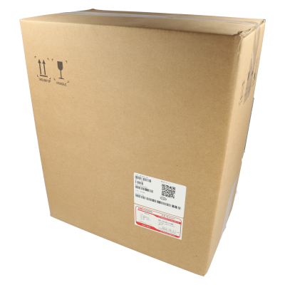 Caixa de cartão castanho com etiquetas de envio e símbolos de cuidado