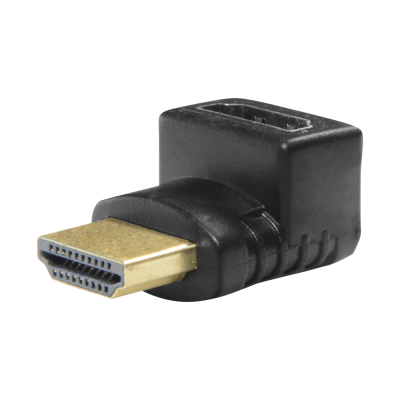 Adaptador HDMI em L ângulo direito preto com conector dourado