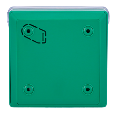 Caixa plástica verde com tampa transparente e quatro furos