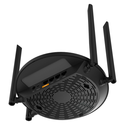 Router wireless preto com quatro antenas ajustáveis e conexões LAN e WAN