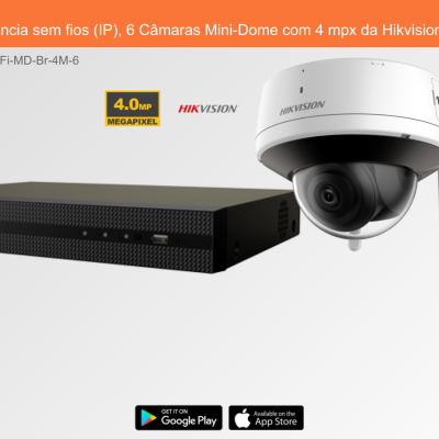 Sistema de videovigilância com 6 câmaras mini-dome brancas e gravador preto com logotipo Hikvision