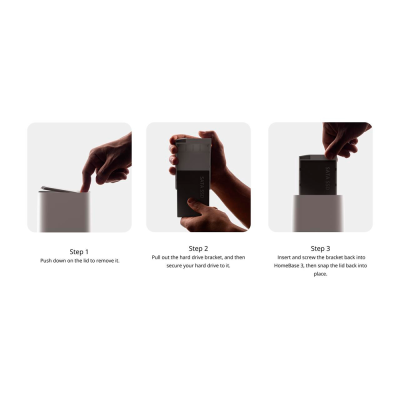 Três imagens a mostrar instalação de disco SATA SSD num suporte HomeBase 3 branco com instruções em inglês.