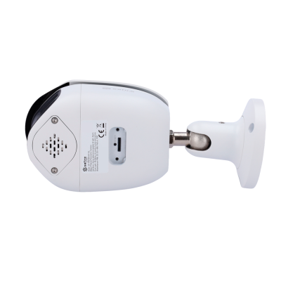 Câmara de vigilância branca com suporte ajustável e etiqueta técnica