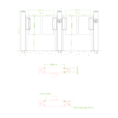 Desenho técnico de barreiras de acesso com dimensões e detalhes de fixação