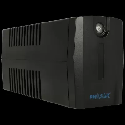 Fonte de alimentação ininterrupta UPS PHASAK preta retangular com ventilações e luz frontal