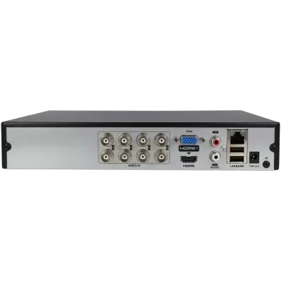 Equipamento eletrónico com portas de vídeo, áudio, USB, LAN e alimentação.