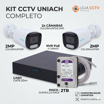 Kit CCTV Uniach completo com câmaras, gravador, cabo e disco.