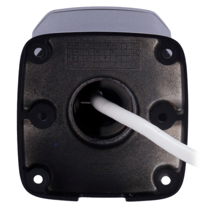 Dispositivo preto com cabo branco e orifícios para parafusos