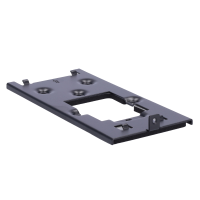 Suporte metálico preto rectangular com recortes e textura mate sobre fundo branco