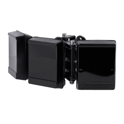 Sensor de movimento preto com três painéis sobre fundo branco