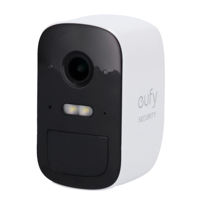 Câmara de segurança Eufy branca com frente preta e LEDs