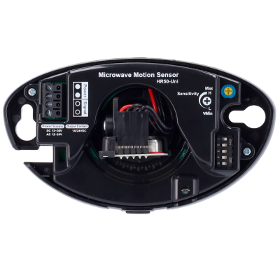 Sensor de movimento por micro-ondas preto HR50-Uni com botões e etiquetas visíveis