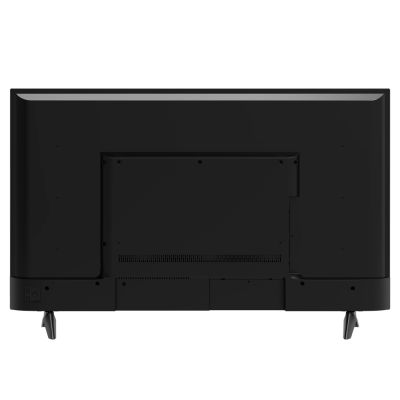 Televisor preto visto de trás com base de dois pés e painel traseiro