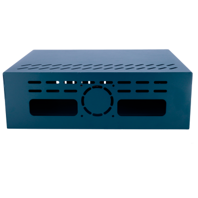 Estrutura metálica azul escura com aberturas de ventilação