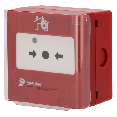 Dispositivo de alarme de incêndio manual vermelho com tampa transparente e marca JADE BIRD.
