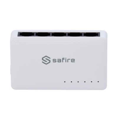 Interruptor de rede Safire branco com seis portas e luzes LED indicadoras