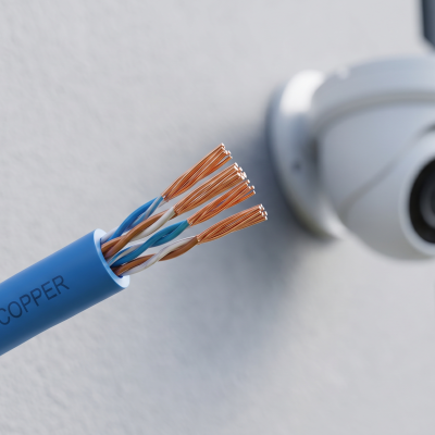 Cabo de rede azul com fios de cobre expostos e câmara de vigilância branca montada na parede
