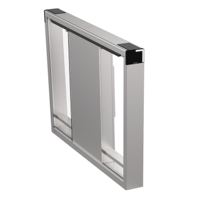 Porta automática metálica prateada com painéis deslizantes e detalhes em preto