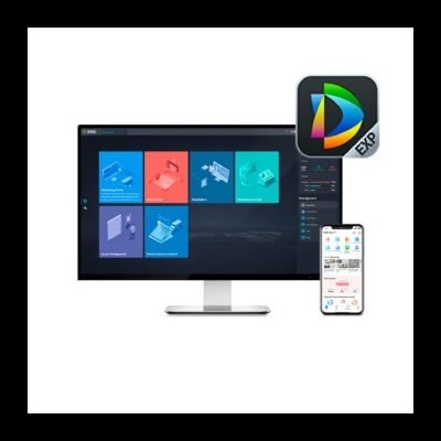 Monitor e smartphone com aplicações digitais coloridas em fundo branco