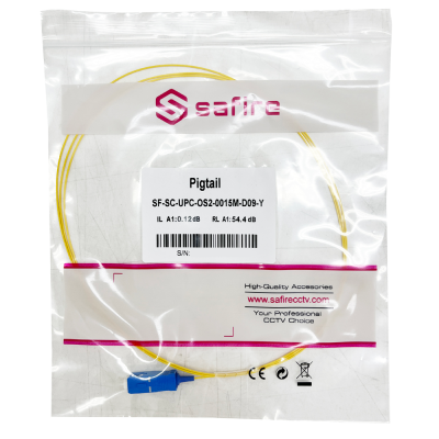 Cabo Pigtail amarelo na embalagem plástica com conector azul e etiquetas visíveis