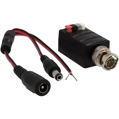 Adaptador preto com conector BNC metálico e cabos com terminais vermelho e preto.