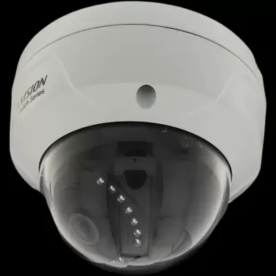 Câmara de vigilância dome branca com cúpula escura e texto HIK VISION