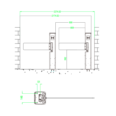 Desenho técnico de duas torniquetes de controlo de acesso com braços horizontais e medições em milímetros.
