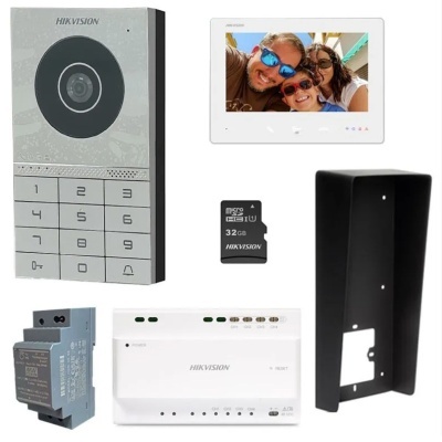 Conjunto de intercomunicador Hikvision com câmera, monitor, cartão micro SD e acessórios