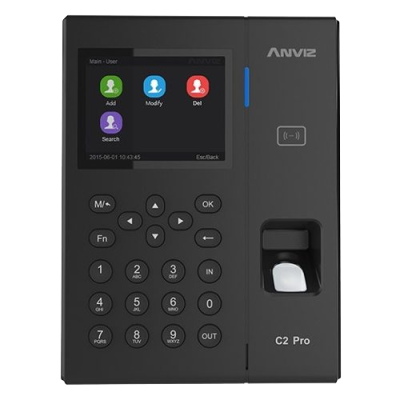Dispositivo biométrico Anviz C2 Pro preto com ecrã colorido, teclado e leitor digital