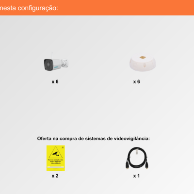 Componentes de sistema de videovigilância com gravador, câmaras, discos rígidos, rato, sinais e cabos