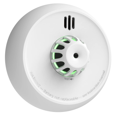 Detector de fumo branco circular com luz verde e texto em relevo.