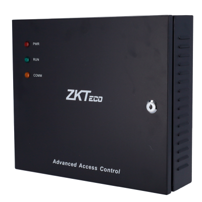 Central de controlo de acesso ZKTeco preta com indicadores LED e fechadura