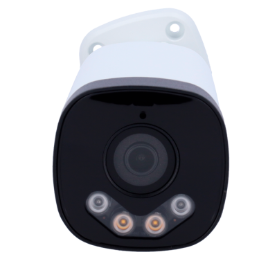 Câmara de segurança branca com lente central e LEDs frontais