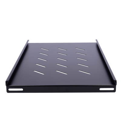 Prateleira metálica preta com fendas inclinadas e bordas laterais elevadas