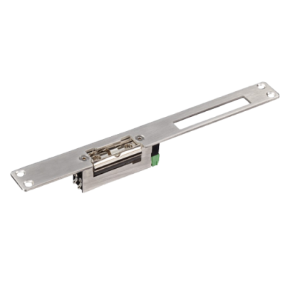 Fecho elétrico de metal prateado com placa alongada e recorte retangular