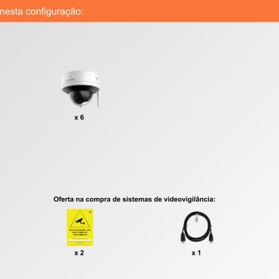 Componentes de sistema de videovigilância com disco rígido, câmaras, rato, placas de aviso, cabos e logo lojaCCTV